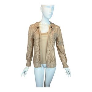 CABLE & GAUGE Neutral Tan Beige Lace Cami Tank Shirt Blouse 2 Piece Set Med NWT